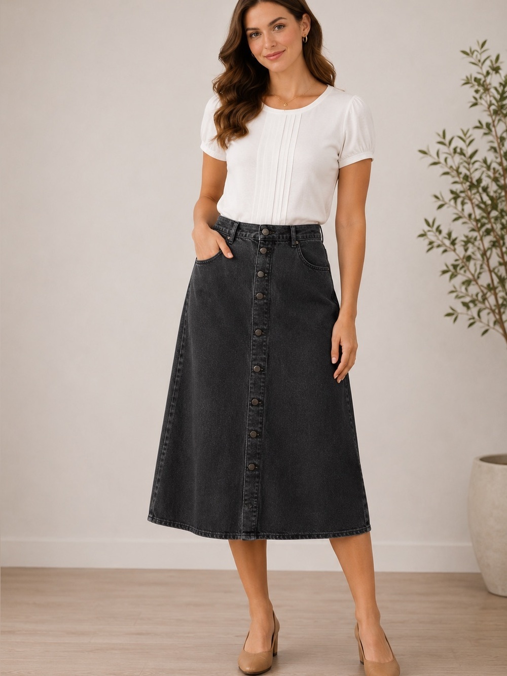 Black‎ Denim Trad Wife Midi Skirt Button Front Country Modest Western Cowgirl